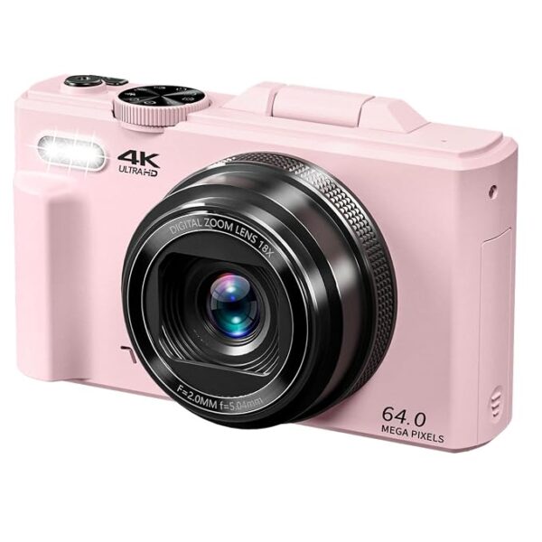 VJIANGER 4K Digital Camera for Photography, 64MP Vlogging Camera for YouTube with 3 180° Flip Screen, 18X Digital Zoom Point and Shoot Camara with 32GB Micro SD Card for Beginner (Light Pink)